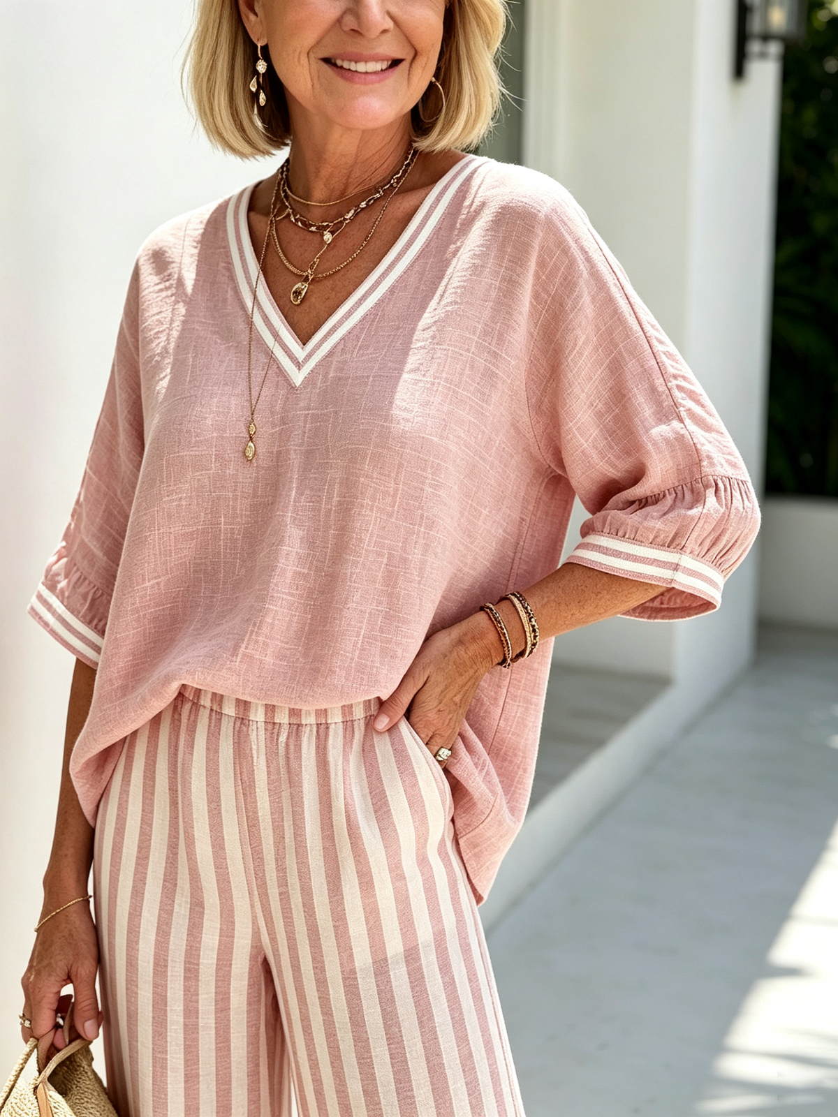 Women Cotton Linen Vacation Two-Piece Outfit Set, Contrast White Striped V-Neck Loose Short Sleeve Top With Striped Cuffs, Matching Green Vertical Striped High Waist Wide Leg Trousers, Lightweight Breathable Textured Fabric Relaxed Fit Casual Holiday Comm