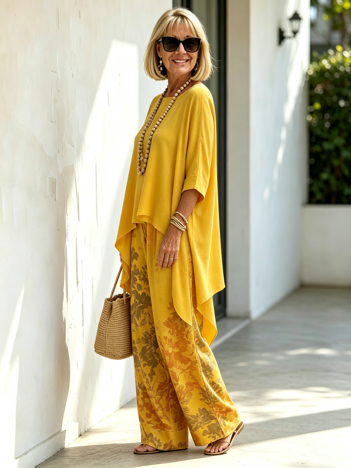 2‐Piece Outfit Set, Solid Color Asymmetrical Draped 3/4 Sleeve Boat Neck Top, Floral Printed High‐Waist Wide‐Leg Pants With Side Pockets, Loose Flow‐y Linen‐blend Fabric, Relaxed Silhouette For Daily Wear, Vacation And Casual Occasions