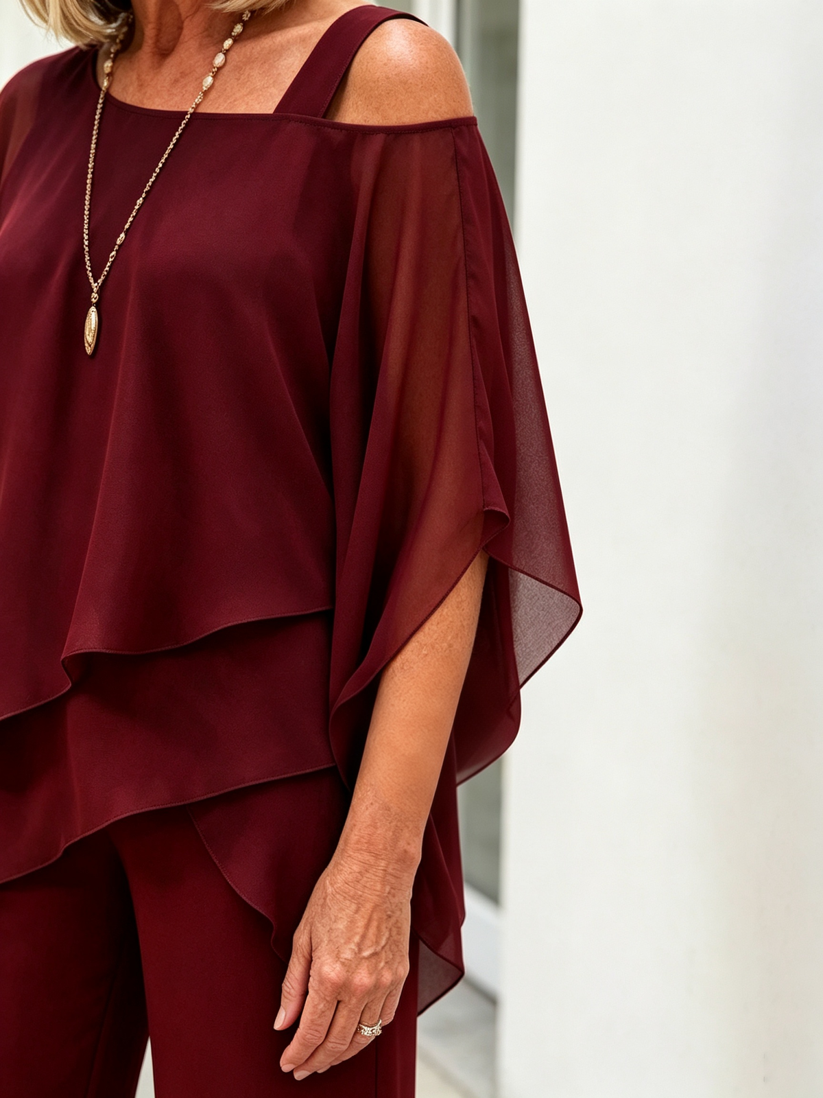 2 Piece Outfit Set, Cold Shoulder Asymmetrical Chiffon Batwing Sleeve Top, Irregular Layered Hem, High Waist Wide Leg Long Trousers, Lightweight Sheer Fabric, Elegant Flowy Pant Suit for Wedding, Banquet and Formal Events