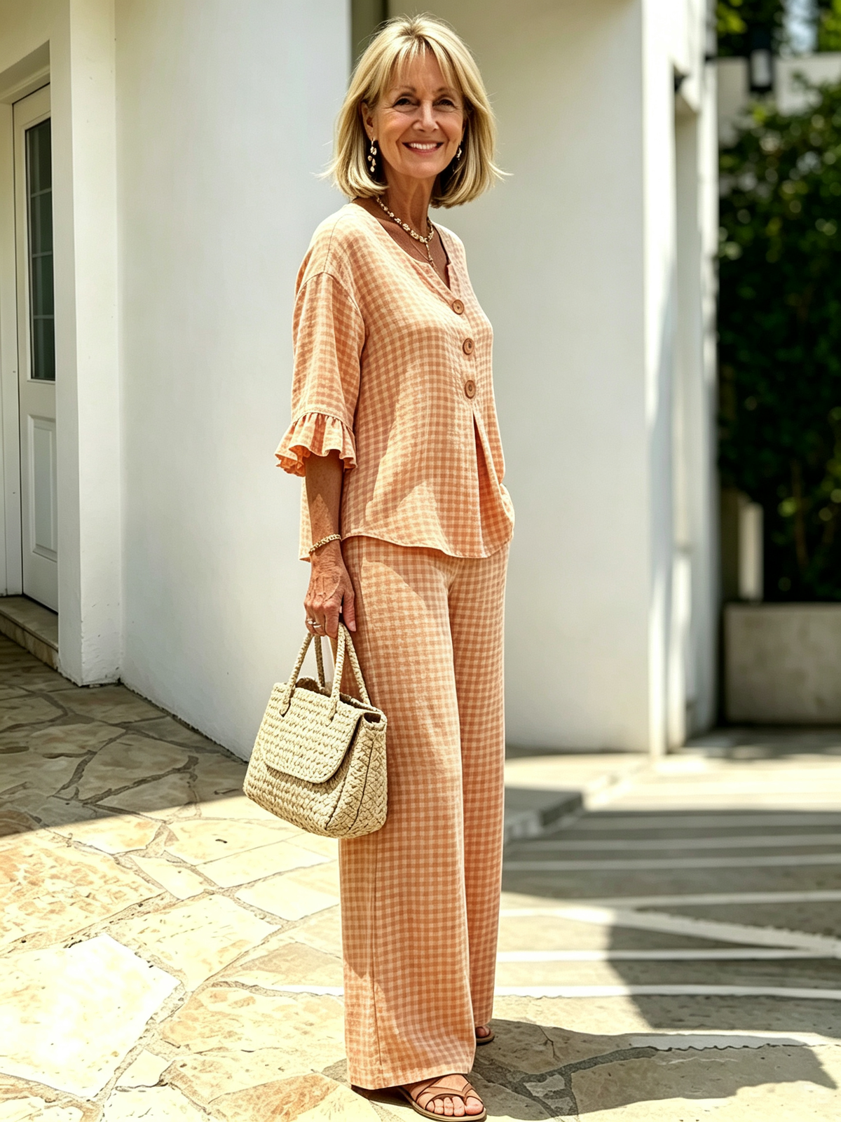 Women Elegant Linen Blend Plaid Two-Piece Casual Pant Set, Woven Textured Gingham Check Pattern Matching Outfit, Notch V-Neck Three Wooden Button Front Top With Ruffle Flared 7/4 Length Bell Flounce Sleeves, Loose High Waist Wide Leg Full Length Trousers