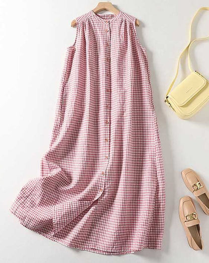 Women's Casual Round Neck Sleeveless Plaid Print Dress