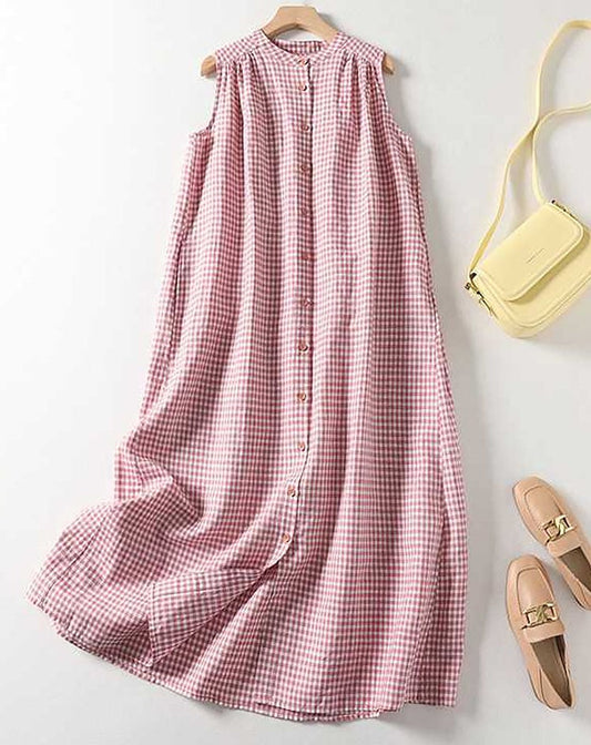 Women's Casual Round Neck Sleeveless Plaid Print Dress