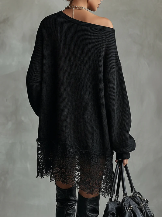 Black Oversized With Lace Hem  Mini Dress