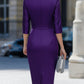 Purple Satin Elbow Sleeve Ruched Waist Sheath Midi Dress