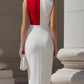 Red & White Color Block Mandarin Collar Bodycon Midi Dress With Front Slit