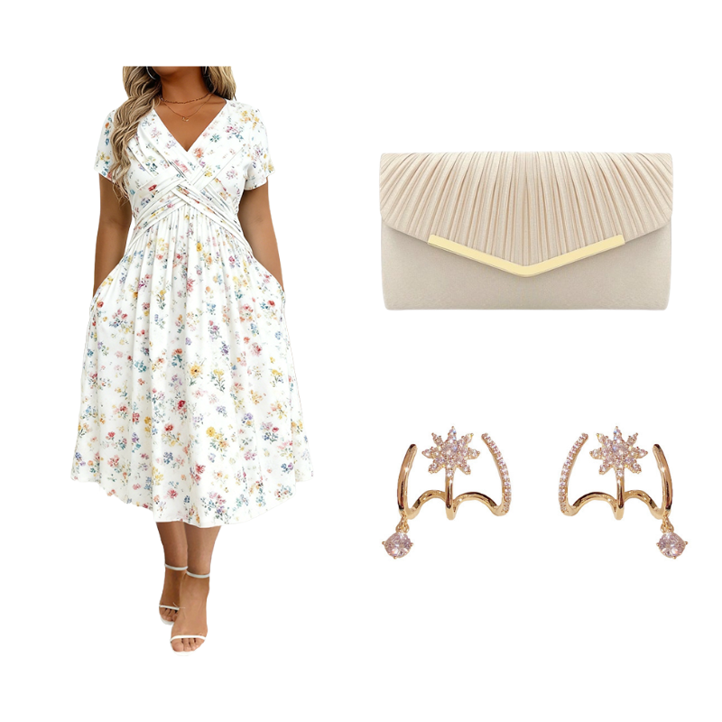 👗 50% OFF NOW! 💐Women's V-Neck Floral Twist Waist Midi Dress – with Side Pockets, Soft Flowy Casual Summer Dress