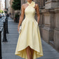 Halter Neck Bow Detail High-Low A-Line Maxi Dress