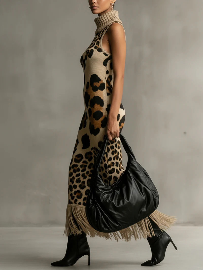 Brown Leopard Print Knitted Tassel Sleeveless Maxi Dress