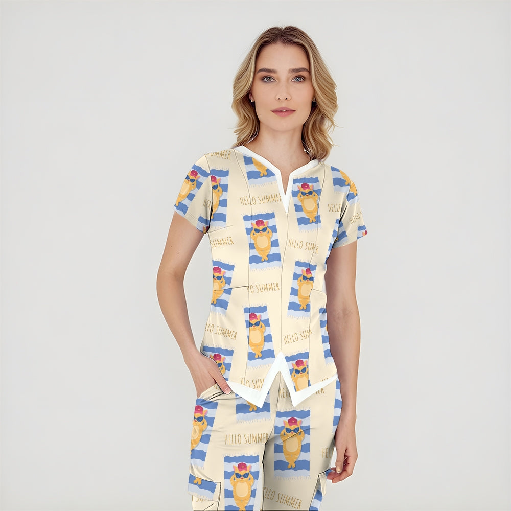 Women's Puff Sleeves Cute Animals Printed Scrub Set SAA23
