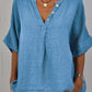 Women's Solid Mid Sleeve V-Neck Button-Up Cotton and Linen Shirt