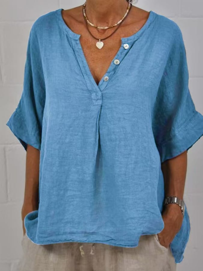 Women's Solid Mid Sleeve V-Neck Button-Up Cotton and Linen Shirt