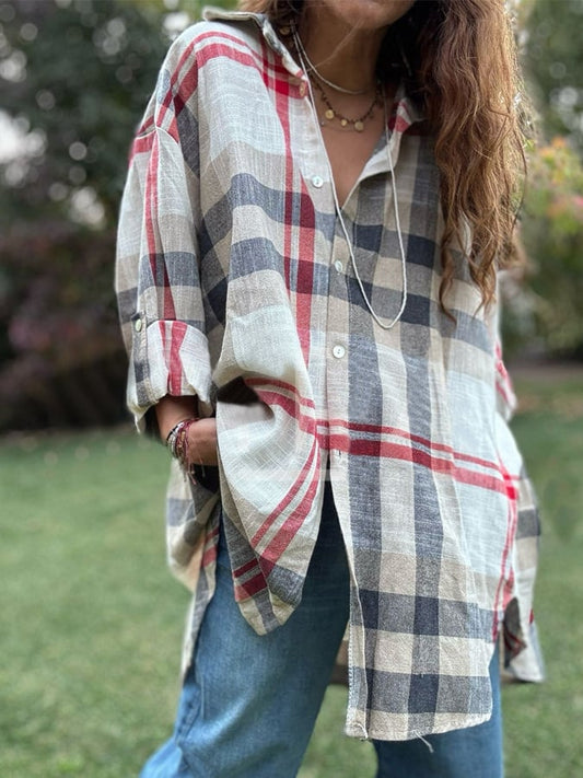 Women's Casual Loose Plaid Long Sleeve Shirt