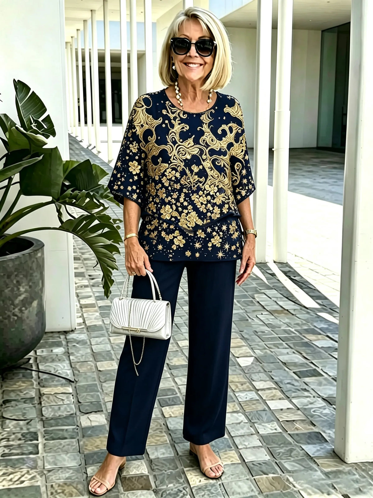 2Pcs Gold Foil Print Outfit Set Crew Neck Flutter Sleeve Layered Blouse with Straight Leg Pants Mother of the Bride Formal Evening Suits