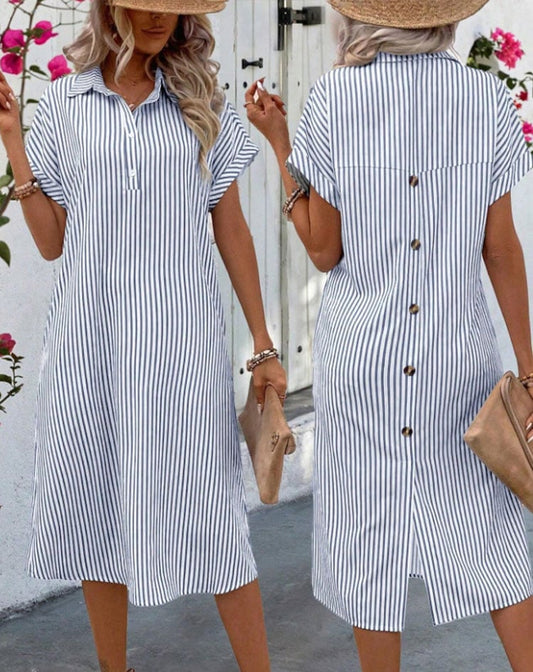 Women's Casual Lapel Short Sleeve Striped Print Short Sleeve Dress