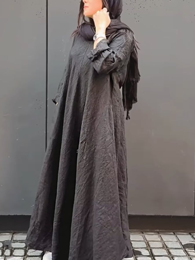 Women's Casual Solid Color Round Neck Long Sleeve Cotton and Linen Dress