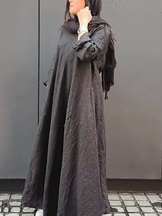 Women's Casual Solid Color Round Neck Long Sleeve Cotton and Linen Dress