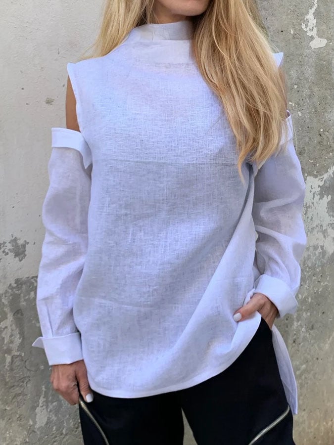 Women's Casual Solid Color Long Sleeve Irregular Hem Cotton Shirt