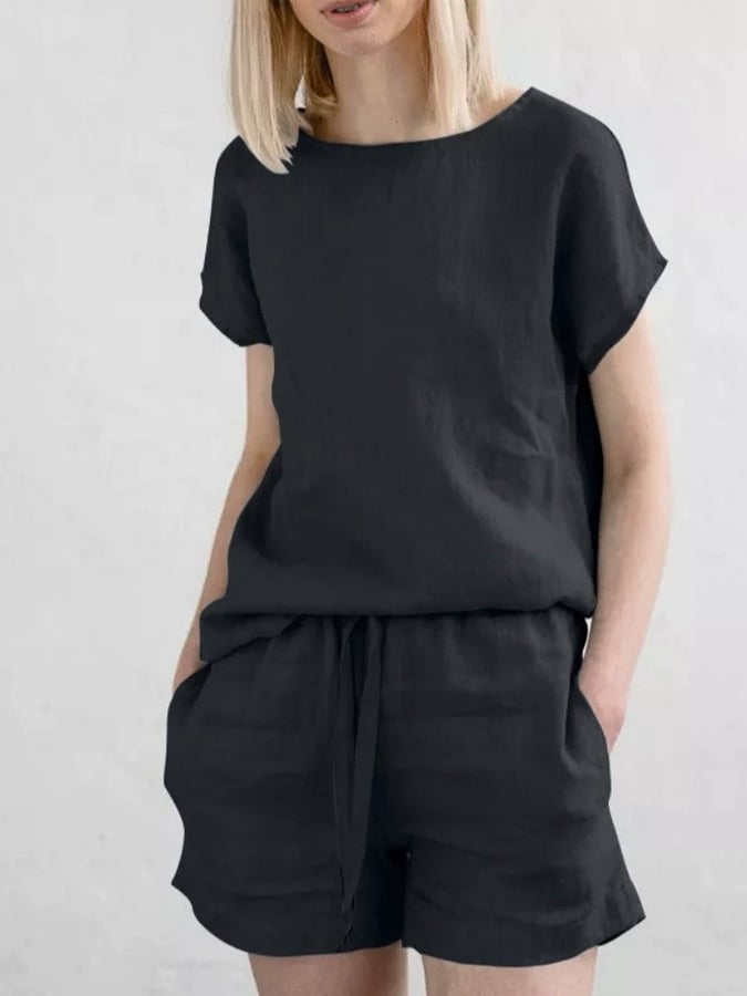 Women's Casual Solid Color Top Drawstring Cotton and Linen Shorts Set