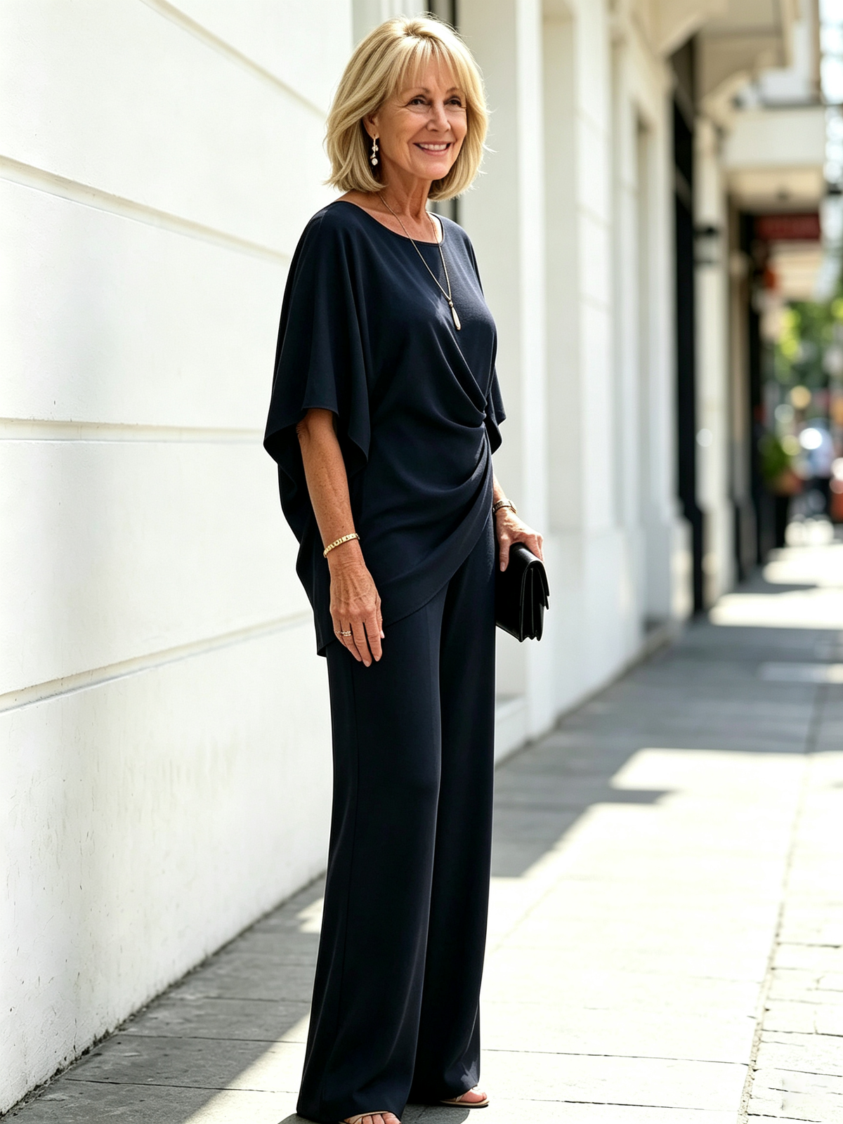 2 Piece Outfit Set, Boat Neck Dolman Short Sleeve Wrap Draped Top, High Waist Wide Leg Long Trousers, Smooth Soft Fabric, Elegant Tailored Pant Suit, Suitable for Banquet, Wedding, Party and Daily Commuter Occasions