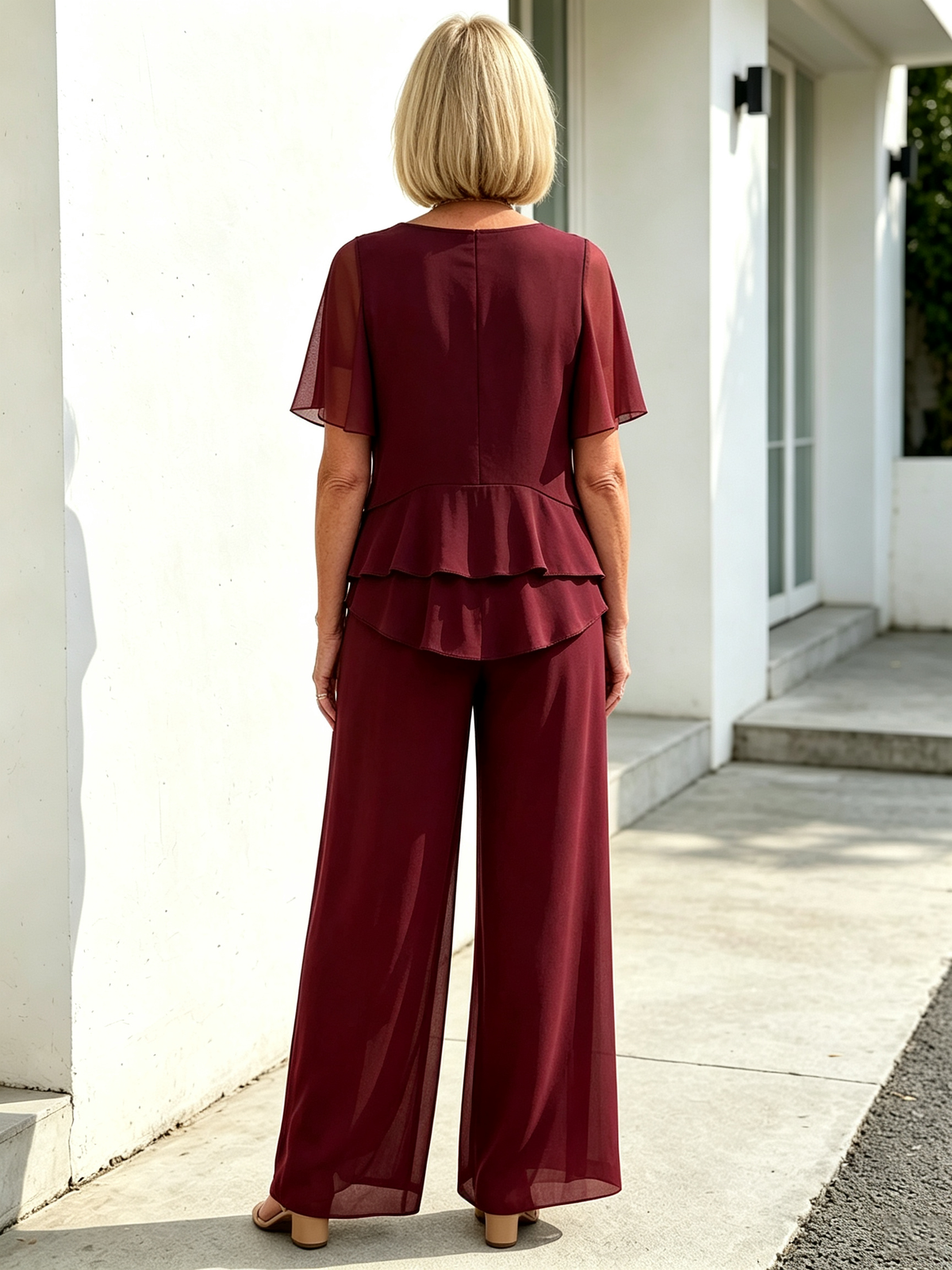 2 Piece Outfit Set, Round Neck Chiffon Flutter Short Sleeve Top, Multi-layer Ruffled Irregular Hem, High Waist Straight Wide Leg Long Trousers, Lightweight Sheer Fabric, Elegant Flowy Pant Suit for Wedding Guest and Formal Occasions