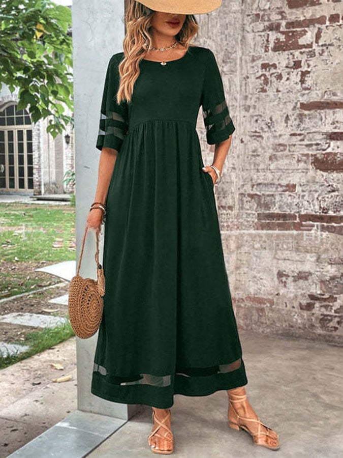 Women'S Casual Five-Quarter Sleeve Mesh Round Neck Patchwork Pocket Dress