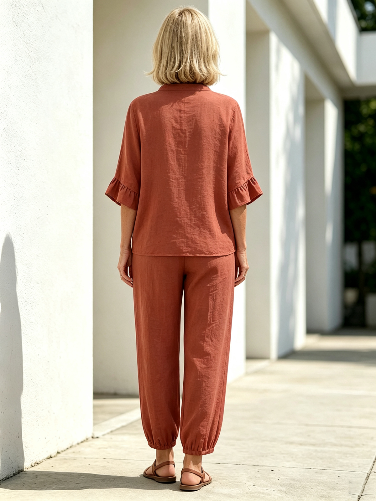 2Pcs Casual Matching Outfit Set, Mandarin Collar Half Button Top, Ruffle Edge Seven-quarter Sleeve Blouse, Solid Lightweight Textured Fabric, Elastic Waist Nine-quarter Jogger Pants with Button Hem Detail, Relaxed Loose Fit Co-Ord Suit for Daily L