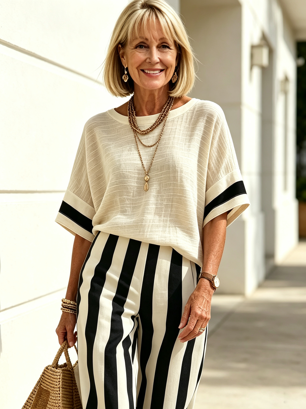 2Pcs Casual Cotton Linen Outfits Short Sleeve Loose Top with Striped Wide Leg Pants Set Summer Beach Vacation Holiday Streetwear Matching Sets