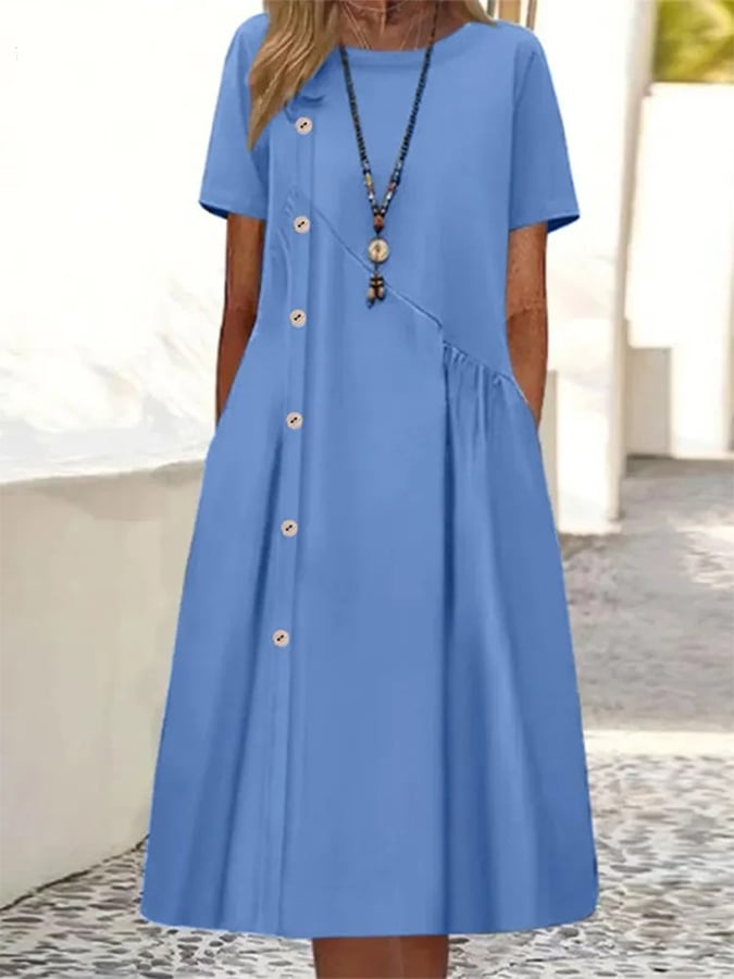 Women's Casual Button Decorated Gathered Pocket Midi Dress