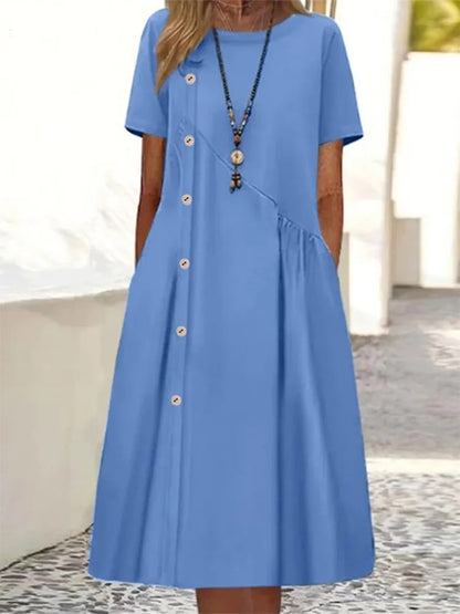 Women's Casual Button Decorated Gathered Pocket Midi Dress