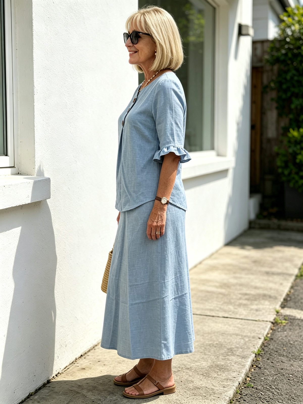 2Pcs Casual Matching Top and Skirt Set, V Neck Button Placket Blouse, Ruffle Edge Seven-quarter Sleeve, Solid Lightweight Linen-like Fabric, Loose A-line Midi Skirt, Relaxed Fit Co-Ord Outfit for Daily Wear and Vacation