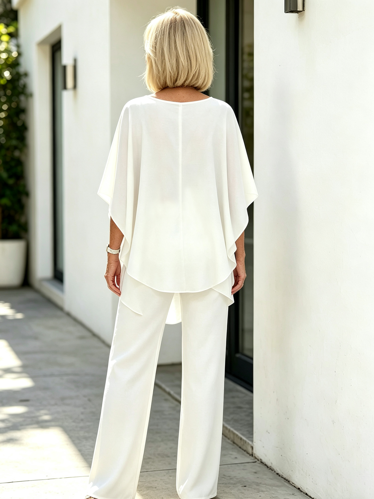2Pcs Chiffon Bat Half-sleeve Temperament Elegant Women's Casual V-neck Two-piece Set