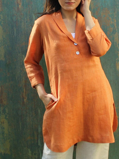 Women'S Casual Solid Color Cotton And Linen Lapel Shirt