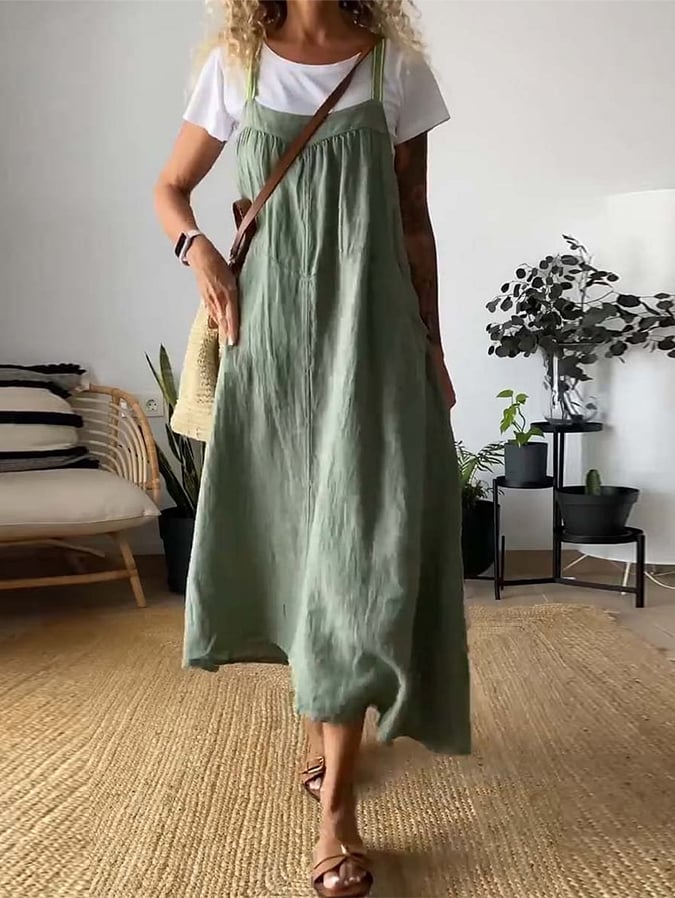 Women's Casual Sling Contrast Color Cotton and Linen Sleeveless Dress