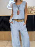 Women's Casual Striped Printed Round Neck Vest Trousers Cotton and Linen Two-piece Set