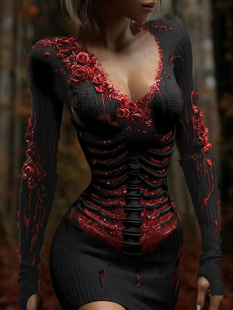 Women's Vintage Halloween Skeleton & Rose Art Sweater Dress
