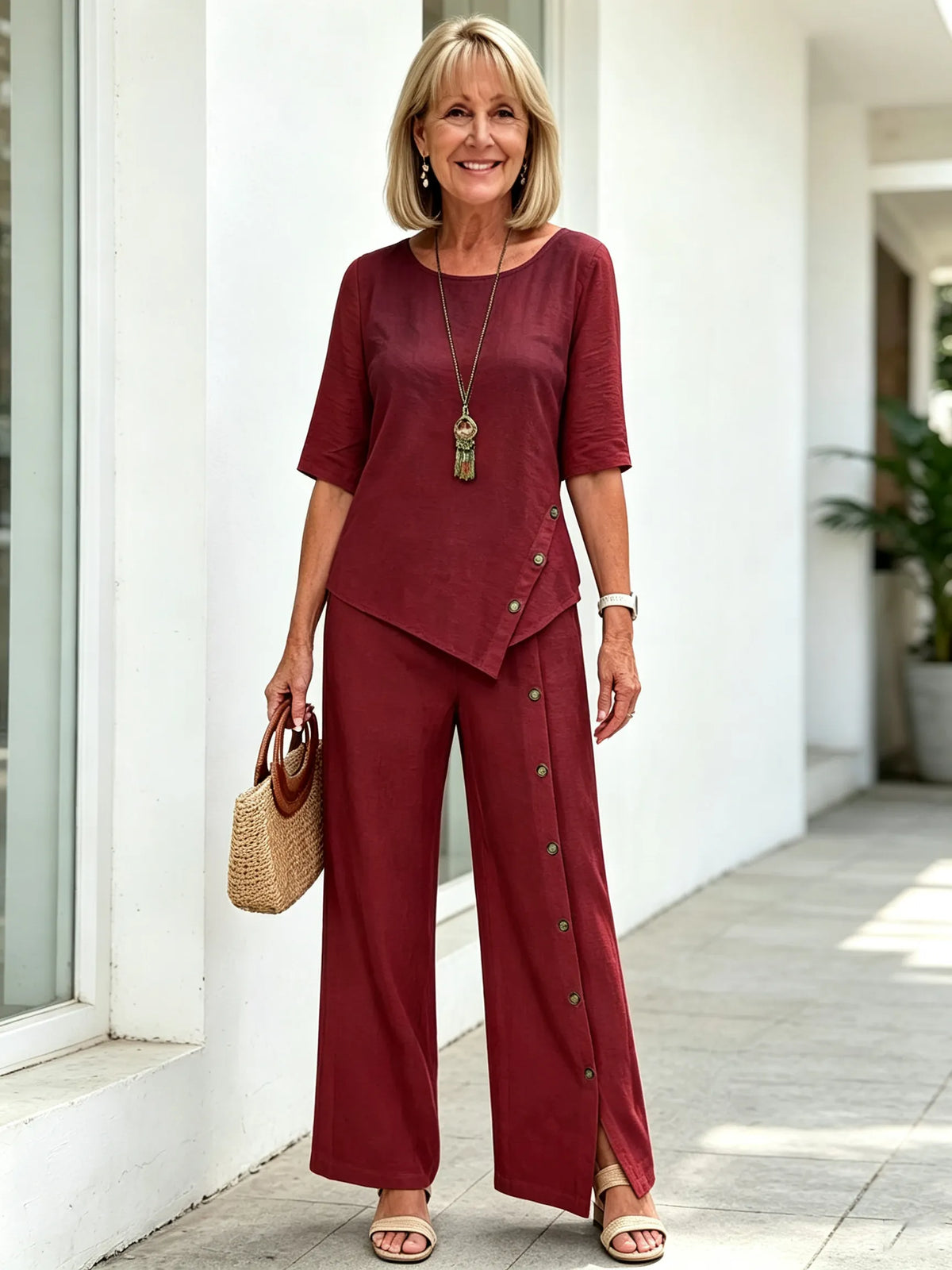 2Pcs Cotton and Linen Irregular Hem Trousers Set Button Half Sleeve Shirt Loose Two-piece Set