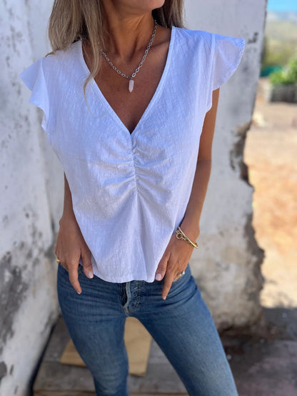 Women'S Petal Sleeve Comfortable Cotton And Linen Top