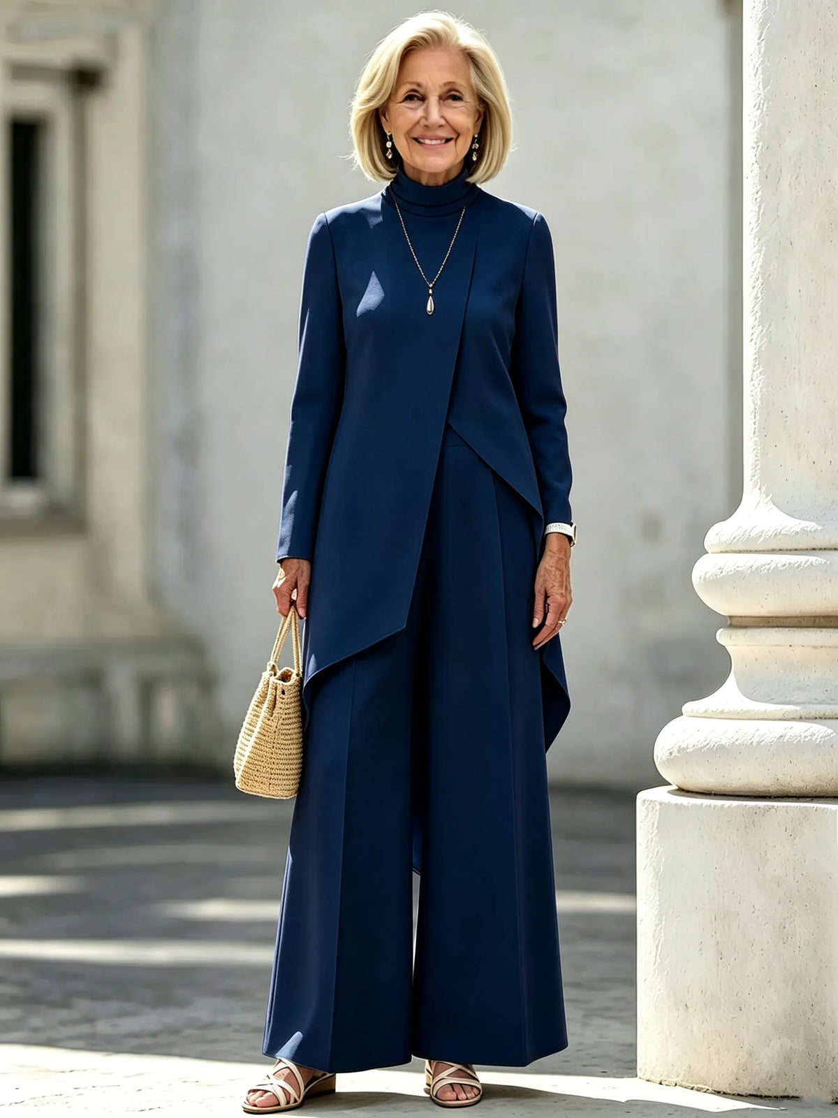 2Pcs Commuter Skinny Irregular Design, High Neck Long Sleeve Laminated Wide Leg Pants Two-piece Set