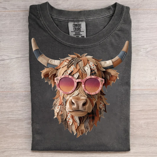 Patchwork-style Highland Cow T-shirt