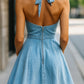 Light Wash Halter Denim Flare Dress