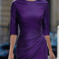 Purple Satin Elbow Sleeve Ruched Waist Sheath Midi Dress