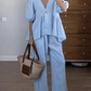 Women'S Solid Color Lantern Sleeve Shirt Wide Leg Pants Suit