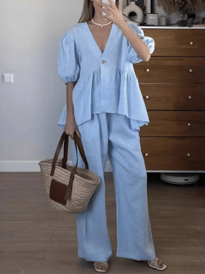Women'S Solid Color Lantern Sleeve Shirt Wide Leg Pants Suit