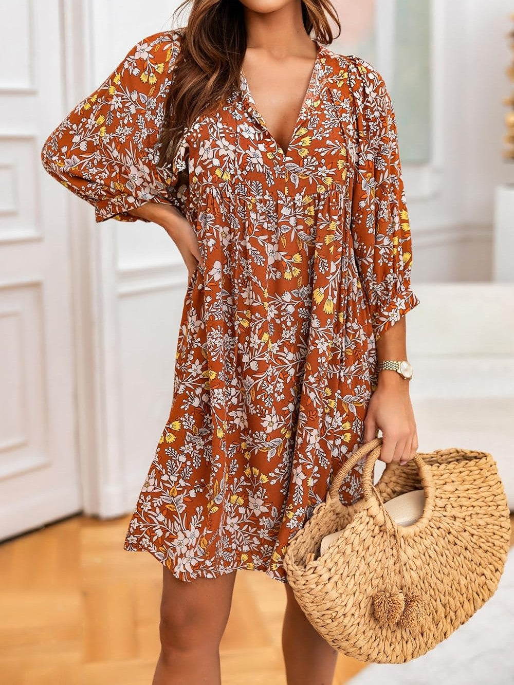 HOT SALE V Neck Summer Half Sleeve Floral Tunic Short Dress