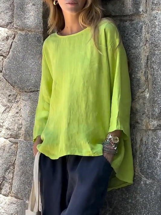 Women'S Casual Solid Color Round Neck Cotton And Linen Top