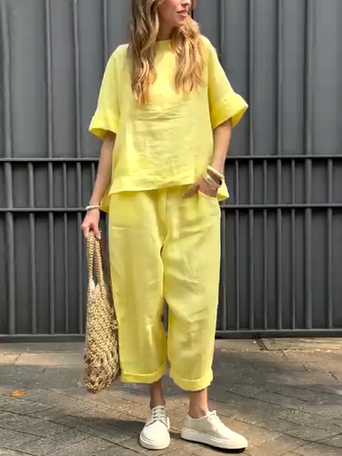 Women'S Casual Solid Color Short-Sleeved Cotton And Linen Suit
