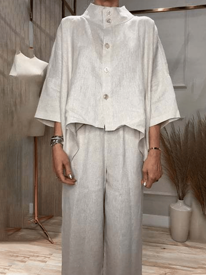 Women'S Casual Single-Breasted Shirt + Characteristic Elastic Waist Wide-Leg Pants Suit