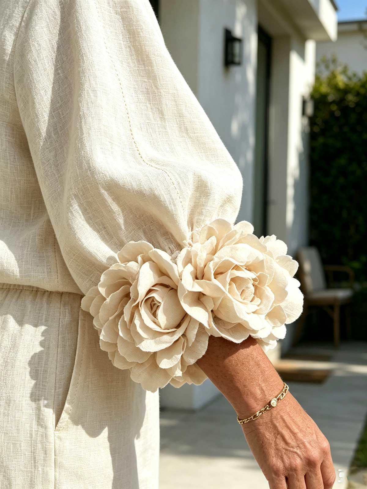 2Pcs Women Solid Color Linen Two Piece Pant Set, Crew Neck Long Sleeve Top with Statement 3D Floral Ruffle Cuffs, Elastic Waist Wide Leg Trousers, Relaxed Fit Matching Outfit for Casual Holiday Daily Outing