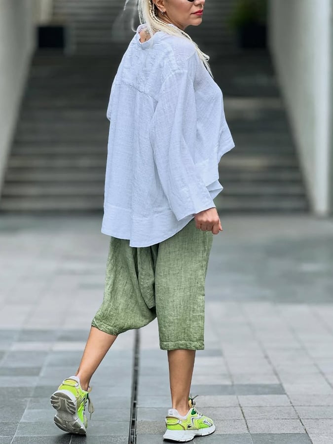 Women's Casual Solid Color V-Neck Long Sleeve Loose Top Cropped Shorts Set