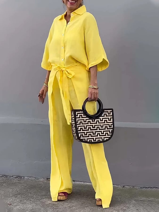 Women'S Casual Single-Breasted Shirt + Characteristic Strappy Wide-Leg Pants Suit